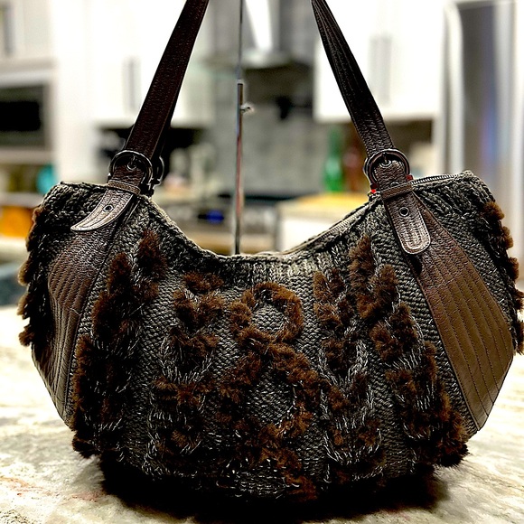 Salvatore Ferragamo Authentic Brown Mink. Grey Knit. Leather Trim Bag - Picture 3 of 14